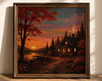 Cabane au coucher du soleil d'automne, motif de point de croix, broderie maison au bord du lac confortable, PDF, paysage d'automne, déco forêt Cottagecore