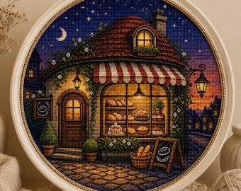 Cozy Bakery at Dusk Cross Stitch Pattern, Bakery Cross Stitch PDF, Night Village Embroidery Pattern, Round Cross Stitch Chart