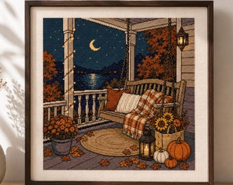Moonlit Autumn Porch Cross Stitch Pattern, Cozy Fall Night Embroidery PDF, Porch Swing & Lantern Chart, Cottagecore Decor