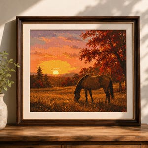 Autumn Horse Cross Stitch Pattern, Sunset Meadow Embroidery PDF, Fall Landscape Chart, Rustic Country Horse Decor