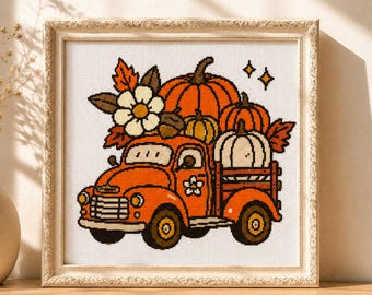 Vintage Pumpkin Truck Cross Stitch Pattern, Fall Farm Truck Embroidery PDF, Autumn Harvest Pickup Chart, Cottagecore Decor