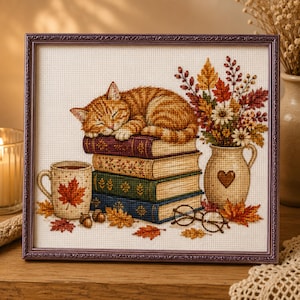 Pode incluir: Um bordado em ponto cruz emoldurado que retrata um gato malhado laranja dormindo sobre uma pilha de quatro livros coloridos. Ao lado dos livros, há uma caneca com um desenho de folha de bordo, um jarro com folhagem de outono e óculos.