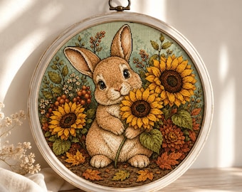 Autumn Bunny Cross Stitch Pattern PDF, Cute Bunny with Sunflowers, Fall Rabbit Embroidery, Woodland Autumn Decor, Pattern Keeper