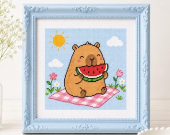 Summer Capybara Cross Stitch Pattern, Watermelon Capybara PDF, Cute Animal Embroidery Chart, Kawaii Summer Decor, Beginner Cross Stitch