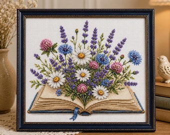 Open Book with Wildflowers Cross Stitch Pattern, Cottagecore Floral Book Embroidery PDF, Book Lover Cross Stitch Chart