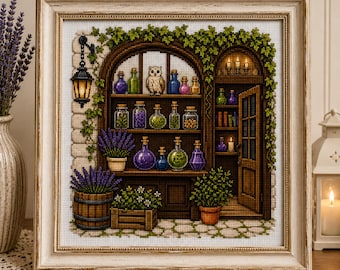 Patrón de punto de cruz de tienda de pociones antigua, bordado de botica fantástica en PDF, punto de cruz de cabaña de bruja, tabla de estante de pociones mágicas