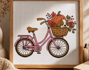 Pink Autumn Bicycle Cross Stitch Pattern, Puppy Bicycle Embroidery PDF, Fall Pumpkin Basket Chart, Cottagecore Autumn Decor