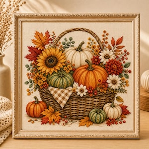 Può includere: Un ricamo a punto croce incorniciato che raffigura un cesto intrecciato colmo di prodotti del raccolto autunnale, tra cui zucche arancioni e verdi, un grande girasole giallo, margherite bianche, dalie rosse e foglie autunnali colorate.