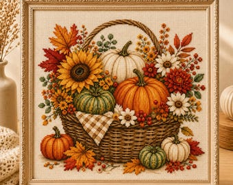 Autumn Harvest Basket Cross Stitch Pattern, Fall Pumpkin Embroidery PDF, Sunflower Basket Chart, Cozy Cottagecore Autumn Decor