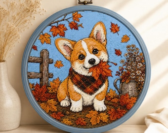 Autumn Corgi Cross Stitch Pattern PDF, Cute Corgi with Maple Leaf, Fall Dog Embroidery, Woodland Autumn Decor, Pattern Keeper