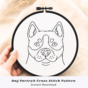 May include: A black and white cross-stitch dog portrait pattern in a round hoop. The dog's face is centered, with detailed features. The text "Dog Portrait Cross Stitch Pattern" and "Instant Download" are below the image.