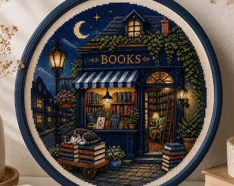 Midnight Bookstore Cross Stitch Pattern PDF, Cozy Bookshop Embroidery Design, Night Reading Scene, Literary Cross Stitch Chart