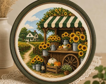 Sunflower Farm Stand Cross Stitch Pattern PDF, Summer Farm Market Embroidery Chart, Rustic Sunflower Needlepoint Design, Cottagecore Art