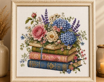 Cozy Book Stack with Flowers Cross Stitch Pattern, Cottagecore Floral Books Embroidery PDF, Vintage Library Decor Chart, Book Lover Gift