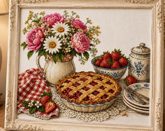 Strawberry Pie Cross Stitch Pattern, Cottagecore Kitchen Embroidery PDF, Floral Still Life Cross Stitch, Summer Strawberry Dessert Chart
