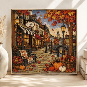 Autumn Village Street Cross Stitch Pattern PDF, Cozy Fall Town Cross Stitch, Pumpkin Street Scene, European Autumn Landscape, Pattern Keeper