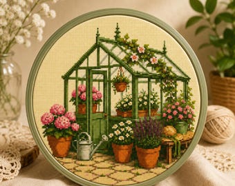 Garden Greenhouse Cross Stitch Pattern PDF, Greenhouse Embroidery Chart, Cottage Garden Needlepoint, Floral Greenhouse Design