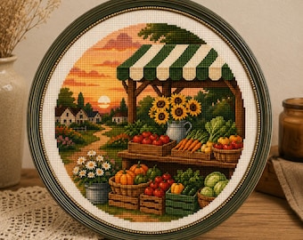 Farmers Market Stand Cross Stitch Pattern PDF, Sunset Farm Market, Country Produce Stand, Round Cross Stitch Chart, Rustic Farmhouse Decor