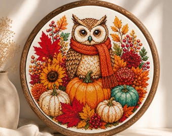 Autumn Owl Cross Stitch Pattern PDF, Owl on Pumpkin, Fall Woodland Bird, Cozy Autumn Embroidery, Pattern Keeper