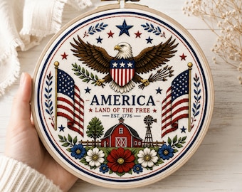 Patriotic America Cross Stitch Pattern PDF, USA Eagle Embroidery Hoop Art, Americana Farmhouse Decor, Land of the Free Pattern