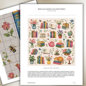 Book Lover Sampler Cross Stitch Pattern, Floral Library Embroidery PDF, Cozy Reading Nook Chart, Cottagecore Books and Flowers Decor image 3