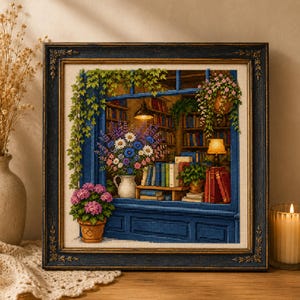 May include: A square cross-stitch embroidery depicting a bookstore window scene with a blue frame, shelves of books, a vase of colorful flowers, potted plants, and warm interior lighting, all encased in a dark blue and gold ornate wooden frame.