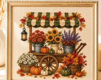 Autumn Pumpkin Garden Cross Stitch Pattern, Fall Harvest Embroidery PDF, Rustic Pumpkin Patch Chart, Cozy Cottagecore Autumn Decor