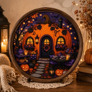 May include: A circular framed cross-stitch art piece depicting a large orange pumpkin house with a dark door, glowing windows, and a stone path. The scene includes purple tea sets, jack-o'-lanterns, and autumn foliage under a dark starry sky.