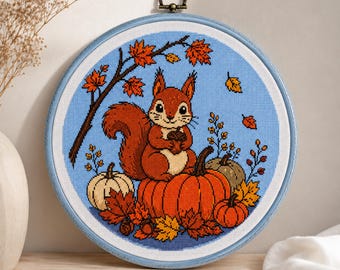 Autumn Squirrel Cross Stitch Pattern PDF, Cute Fall Pumpkin Animal, Pattern Keeper, Instant Download