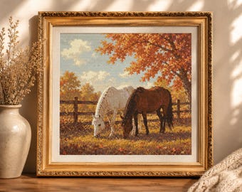 Chevaux d'automne, motif point de croix PDF, cheval blanc et marron, paysage de ferme d'automne, scène de campagne rustique, tableau de broderie imprimable