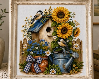 Sunflower Birdhouse Cross Stitch Pattern, Cottage Garden Embroidery PDF, Rustic Birdhouse Chart, Summer Floral Cross Stitch