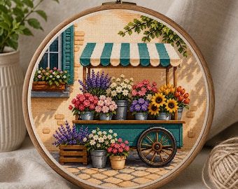 Flower Cart Cross Stitch Pattern PDF, Floral Market Stall Embroidery Chart, Cottagecore Flower Shop, Colorful Bloom Design, Instant Download
