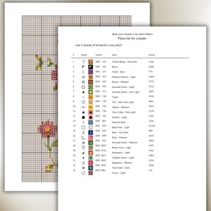 May include: A Book Lover Sampler cross stitch pattern document featuring a grid with floral motifs and a detailed floss list. The list includes 23 DMC thread colors with symbols, names, and stitch counts, specifying the use of 2 strands for stitching.