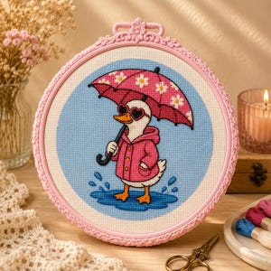 Goose Cross Stitch Pattern, Pink Raincoat, Floral Umbrella, Cottagecore Embroidery Chart (PDF)