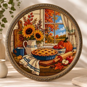 May include: A circular framed cross-stitch embroidery depicting an autumn scene with a lattice-top pie, a white pitcher of sunflowers, a pumpkin, a rolling pin, and red apples on a wooden table in front of a window showing fall foliage.