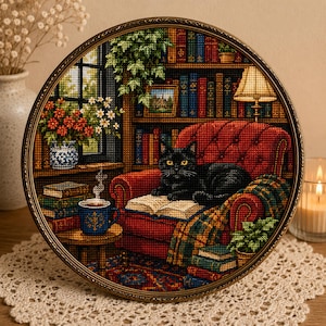 Può includere: Un ricamo a punto croce circolare incorniciato in metallo scuro, raffigurante un gatto nero che riposa su un libro aperto in una poltrona rossa. La scena include una libreria, una tazza blu fumante, una finestra con fiori e vari libri.