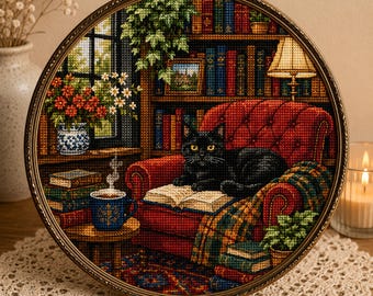 Library Cat Corner Cross Stitch Pattern, Black Cat Cross Stitch, Cozy Reading Nook Pattern, Book Lover Gift, Round Cross Stitch Chart PDF