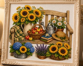 Summer Garden Bench Cross Stitch Pattern, Sunflower Bench Embroidery PDF, Cottagecore Garden Chart, Hydrangea & Lavender Cross Stitch