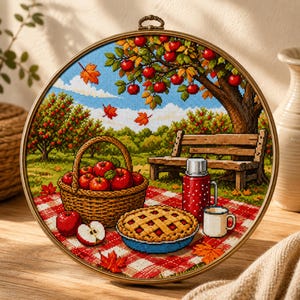 Puede incluir: Un bordado de punto de cruz circular en un bastidor de latón que representa un huerto en otoño. Incluye una cesta de mimbre llena de manzanas rojas, una tarta de rejilla, un termo rojo y una taza blanca sobre un mantel de cuadros rojos y blancos.