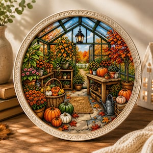 Peut inclure: Une broderie au point de croix circulaire représentant l'intérieur d'une serre en automne. La scène montre des citrouilles orange et vertes, des fleurs en pot, un panier en osier, un arrosoir en métal et des étagères sous une lanterne.