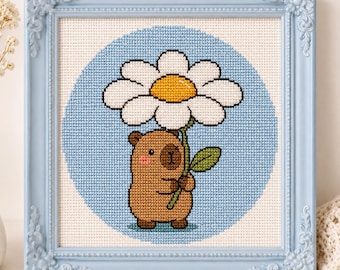 Daisy Capybara, motif point de croix, mignon Capybara PDF, tableau de broderie animal fleur, point de croix moderne adapté aux débutants