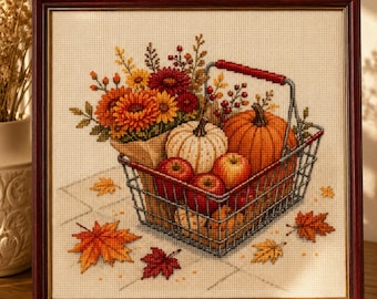 Autumn Market Basket Cross Stitch Pattern, Fall Harvest Embroidery PDF, Pumpkin & Apple Basket Chart, Cozy Cottagecore Decor