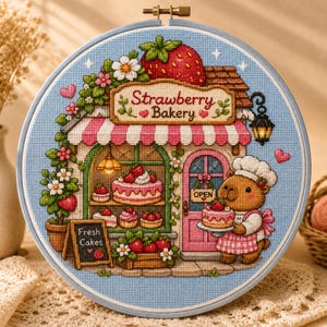 Puede incluir: Un bordado de punto de cruz circular en un bastidor de madera que muestra un capibara con gorro de chef y delantal, sosteniendo un pastel de fresas frente a una panadería. La tienda tiene una puerta rosa, un toldo a rayas y un letrero que dice Strawberry Bakery.
