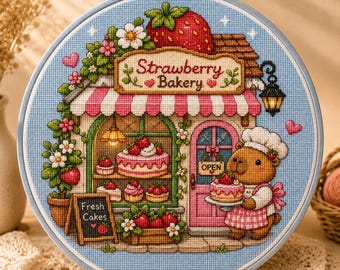 Strawberry Bakery Cross Stitch Pattern, Cottagecore Bakery PDF, Kawaii Shop Embroidery Chart, Storefront Needlepoint, Large Cross Stitch