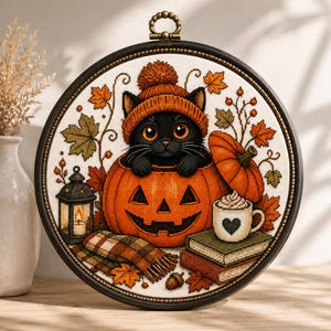 Puede incluir: Un bordado de punto de cruz circular en un marco negro que muestra un gato negro con un gorro de punto naranja, sentado dentro de una calabaza tallada. La escena incluye una linterna encendida, una bufanda de cuadros, dos libros, una taza con un corazón y hojas de otoño.