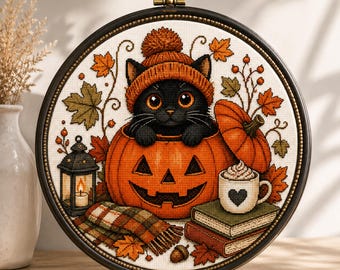 Black Cat Pumpkin Cross Stitch Pattern PDF, Cozy Autumn Cat Embroidery, Fall Halloween Decor, Pattern Keeper