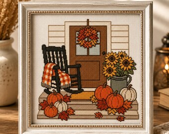 Autumn Porch Cross Stitch Pattern, Fall Front Porch Embroidery PDF, Pumpkin Porch Decor Chart, Rocking Chair Cottagecore Design