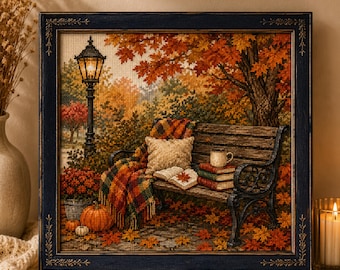 Autumn Reading Bench Cross Stitch Pattern, Fall Book Lover Embroidery PDF, Cozy Autumn Library Chart, Pumpkin & Lantern Decor