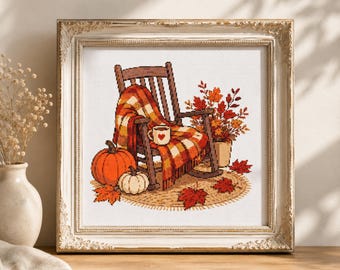 Modèle de point de croix automne chaise berçante, PDF de broderie d'automne confortable, citrouille et tableau de couverture, décoration rustique cottagecore