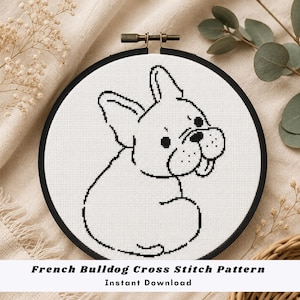Może przedstawiać: Czarno-biały wzór haftu krzyżykowego przedstawiający buldoga francuskiego w okrągłej tamborku. Tekst "French Bulldog Cross Stitch Pattern" i "Instant Download" znajduje się na dole obrazu.